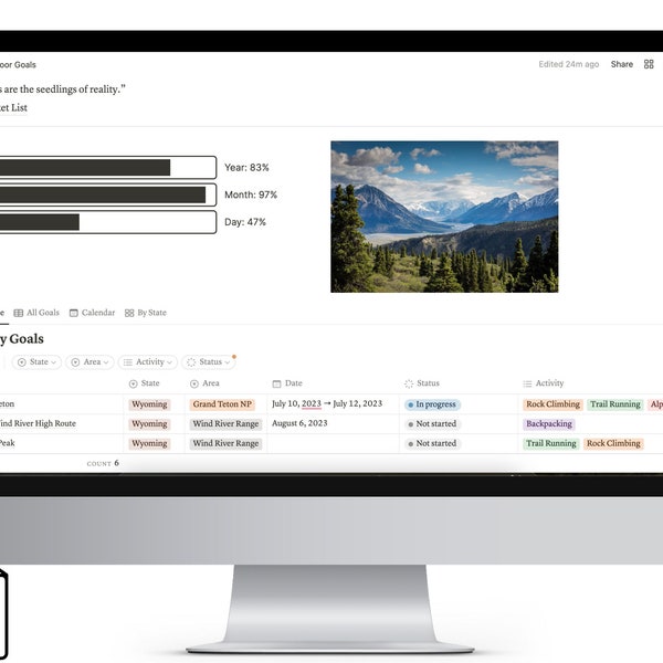 Hiking Goal & Itinerary Planner  |  Notion Template | Outdoor Goals, Calendar, Itinerary, Packing Checklist