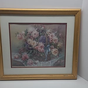 Framed Lena Liu Hand Signed Basket of Roses and Hydrangeas Limited Print with Certificate of Authenticity. 124/2950