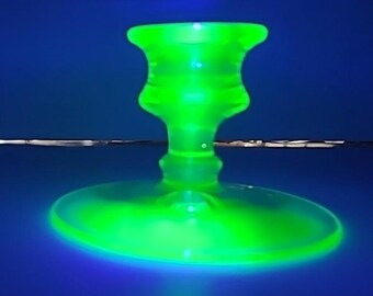 Vintage 3.5" Green Unarium depression vaseline Glass Candlestick Holder