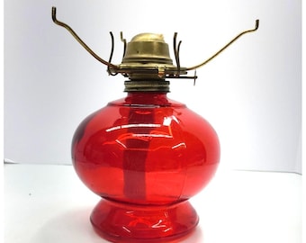 Vintage Red Ruby Flash Glass Oil Lamp w Eagle Burner Cadmium Glow Unused Wick