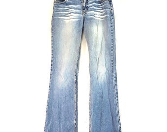 L.E.I. Flare Leg Jeans Vtg Med Wash Low Rise Sz 7 Distressed Y2K