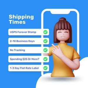Puede incluir: Una ilustraci&oacute;n digital de una persona con una marca de verificaci&oacute;n junto a cada una de las siguientes opciones de env&iacute;o: Sello USPS Forever, 2-10 d&iacute;as h&aacute;biles, Sin seguimiento, Gastar $ 25 o m&aacute;s?, Etiqueta de tarifa plana de 1-3 d&iacute;as.