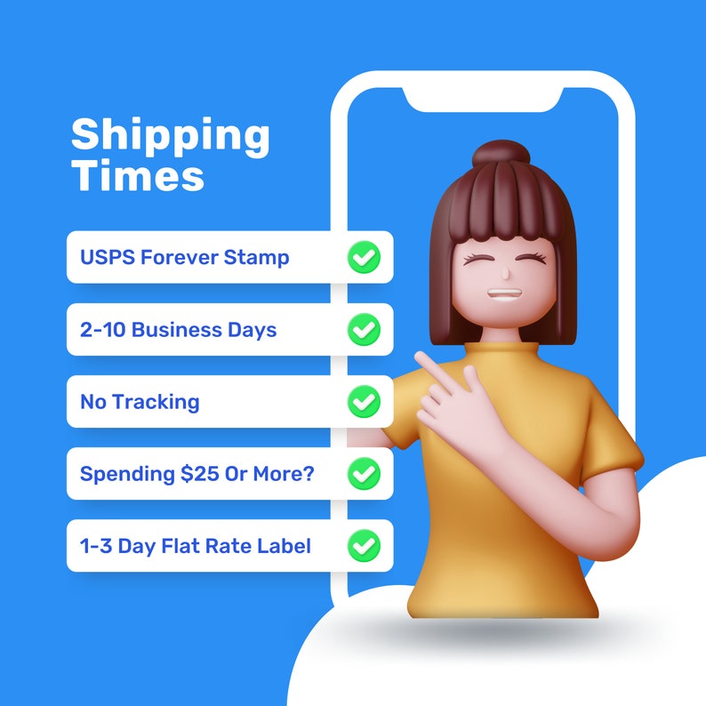 Puede incluir: Una ilustraci&oacute;n digital de una persona con una marca de verificaci&oacute;n junto a cada una de las siguientes opciones de env&iacute;o: Sello USPS Forever, 2-10 d&iacute;as h&aacute;biles, Sin seguimiento, Gastar $ 25 o m&aacute;s?, Etiqueta de tarifa plana de 1-3 d&iacute;as.