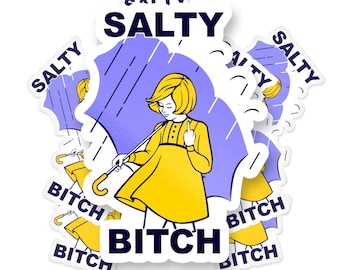 Salty Bitch Sticker, Funny Bold Attitude Meme Vinyl Decal, Retro Salt Girl Parody Sticker for Laptop, Water Bottle, Notebook & More