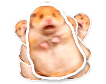 May include: A stack of stickers featuring a cartoon hamster with a surprised expression. The hamster is light brown with a pink nose and paws, and a white outline. The stickers are layered on a white background.