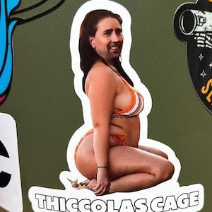 May include: A sticker with a photo of Nicolas Cage in a bikini, with the text "THICCOLAS CAGE" at the bottom.