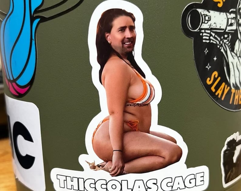 May include: A sticker with a photo of Nicolas Cage in a bikini, with the text "THICCOLAS CAGE" at the bottom.