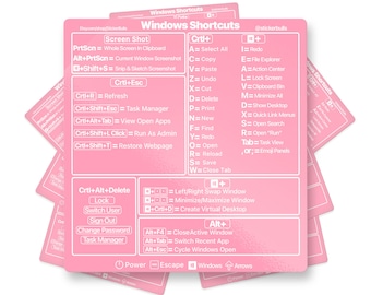 Windows or Intel (Windows 7, Windows 10, Windows 11) Pink Keyboard Shortcut Waterproof Vinyl Sticker For Laptops, Windows Shortcut Sticker