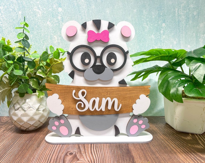 Personalized White Tiger Name Stand | Adorable Room Decor | Free Personalization | Customize Name | Girl or Boy | With or Without Bow