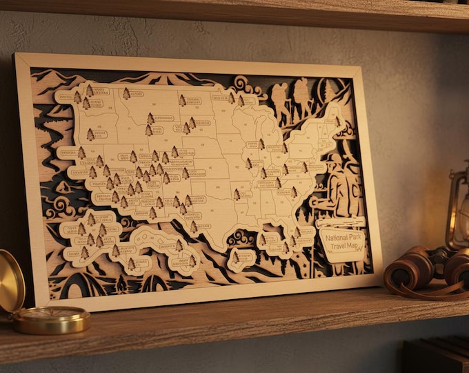 Wooden National Park Travel Map | Precision Fit Tracker | 63 US Parks Wall Art