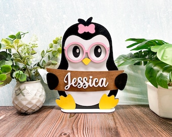 Personalized Penguin Name Stand | Adorable Room Decor | Free Personalization | Customize Name | Girl or Boy | With or Without Bow
