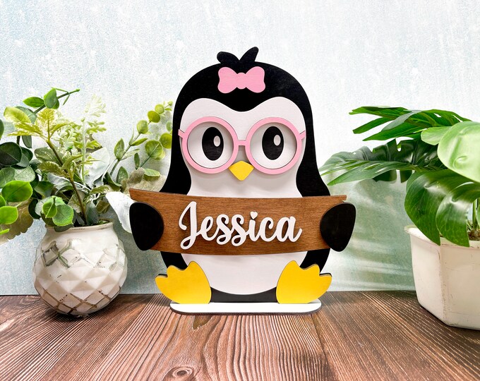 Personalized Penguin Name Stand | Adorable Room Decor | Free Personalization | Customize Name | Girl or Boy | With or Without Bow