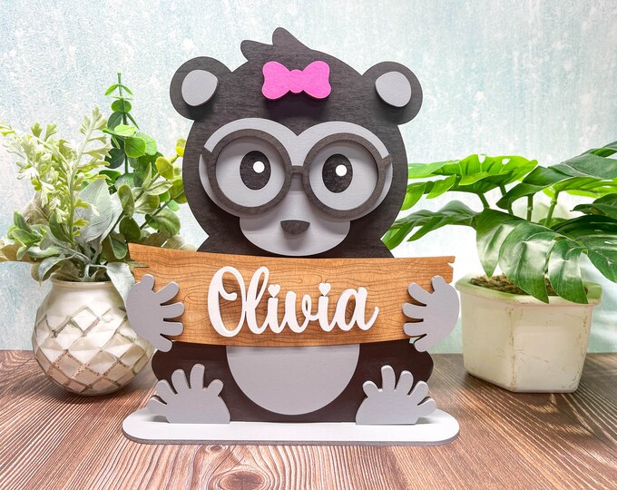 Personalized Gorilla Name Stand | Adorable Room Decor | Free Personalization | Customize Name | Girl or Boy | With or Without Bow