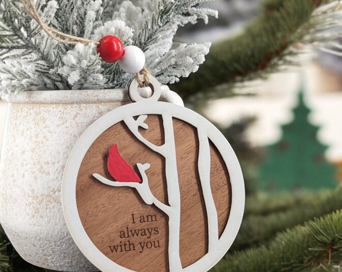 Remembrance Tree Ornament | I Am Always With You | Christmas Ornaments | Cardinal on a Tree Branch | Handcrafted Wooden Circle Ornament