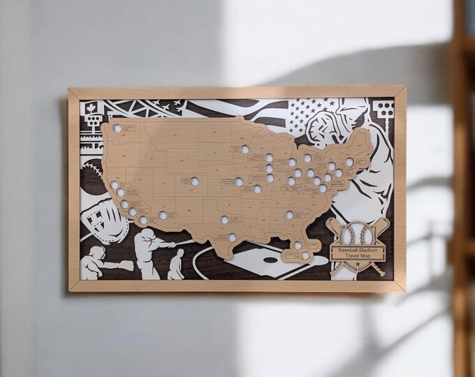 Wooden Baseball Stadium Travel Map | Ballpark Checklist Art
