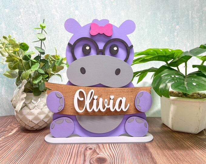 Personalized Hippo Name Stand | Adorable Room Decor | Free Personalization | Customize Name | Girl or Boy | With or Without Bow