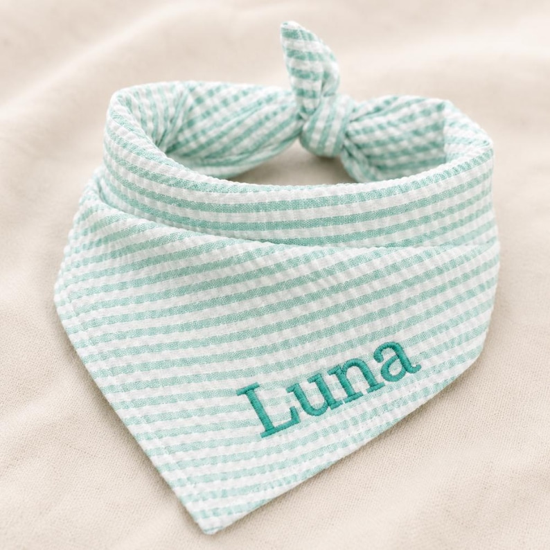 May include: A light mint green and white seersucker fabric pet bandana featuring a triangular shape with a knotted top. The name Luna is embroidered in a dark teal thread on the lower right side of the fabric, which has a textured striped pattern.