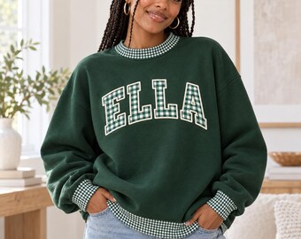 Custom Name Mock Neck Sweatshirt, Gingham Appliqué and Embroidered Text, Personalized Gift