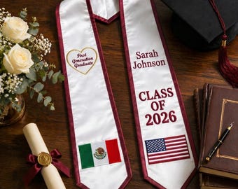Custom Graduation Stole with Two Flags Personalized Sash Dual Heritage Flag Stole First Generation Graduate Gift Class of 2025 2026