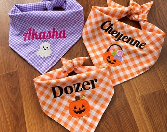 Personalized Halloween Dog Bandana, Custom Embroidered Pet Bandana, Gingham Pumpkin Dog Scarf, Fall Dog Gift