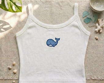 Whale Embroidered Square Neck Crop Tank Top, Cute Ocean Aesthetic Ribbed Cami, Y2K Summer Beach Crop Top, Minimalist Fitted Knit Tank Gift