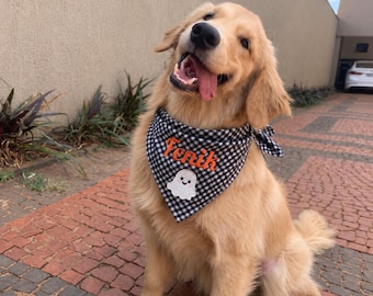 Halloween Pet Bandana with Custom Name, Personalized Gingham Dog Scarf, Embroidered Pumpkin Bandana, Fall Pet Gift