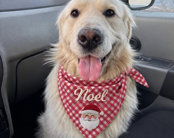 Custom Name Christmas Dog Scarf, Embroidered Gingham Pet Bandana, Personalized Holiday Pet Gift, Festive Dog Bandana, Christmas Accessory