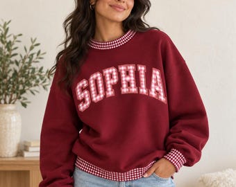 Personalized Gingham Name Sweatshirt, Custom Appliqué Mock Neck Pullover, Gift for Her, Matching Couple Gift