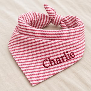 May include: A triangular pet bandana featuring a red and white seersucker striped pattern. The fabric is tied at the top into a knot. The name Charlie is embroidered in dark red thread in a cursive script across the lower front of the bandana.