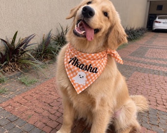 Custom Name Halloween Dog Bandana, Embroidered Gingham Pet Scarf, Pumpkin Dog Neckwear, Personalized Fall Gift