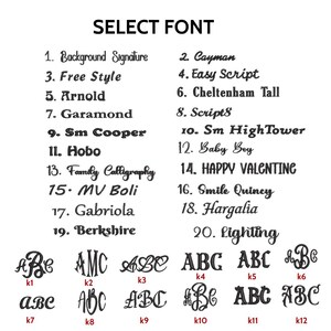 May include: Image displaying a selection of fonts for customization. The text "SELECT FONT" is at the top. Font styles include "Background Signature", "Cayman", "Free Style", "Arnold", and "Easy Script". Monogram examples are shown at the bottom.