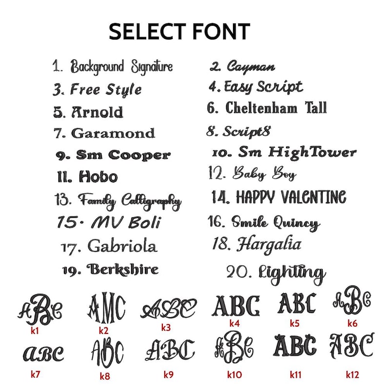 May include: Image displaying a selection of fonts for customization. The text "SELECT FONT" is at the top. Font styles include "Background Signature", "Cayman", "Free Style", "Arnold", and "Easy Script". Monogram examples are shown at the bottom.