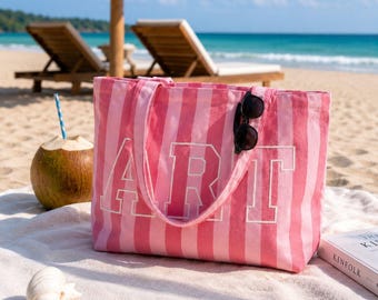 Custom Name Embroidered Canvas Tote Bag, Personalized Initial Beach Tote, Summer Vacation Bag, Bachelorette Party Gift, Bride Tote for Women