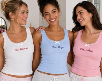 Custom Embroidered  Tank Top, Personalized Ribbon Camisole, Y2K Coquette Ribbed Crop Top, Lace Trim White Cami, Custom Name Balletcore Gift