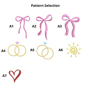 May include: Image showing pattern selections with the text "Pattern Selection". The patterns include pink bows, gold wedding rings, a yellow sun, and a red heart. Each pattern is labeled with a letter and number combination.