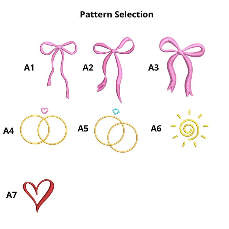 May include: Image showing pattern selections with the text "Pattern Selection". The patterns include pink bows, gold wedding rings, a yellow sun, and a red heart. Each pattern is labeled with a letter and number combination.