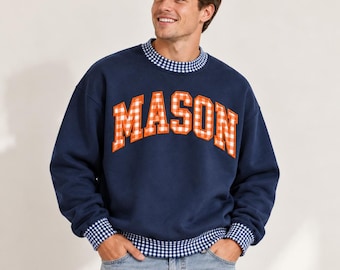 Custom Name Sweatshirt, Gingham Appliqué Mock Neck Pullover, Personalized Gift for Men and Women, Christmas Gift for Couples