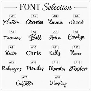 May include: A font selection chart featuring the header FONT Selection and eighteen distinct black script and serif typography styles labeled A1 through A18. Each label displays a sample name such as Austin, Charles, Emma, Sarah, Thomas, Bill, Helen, Carolyn, Kevin, Chris, Kelly, Renee, Rodriguez, Morales, Foster, Castillo, and Wesley.