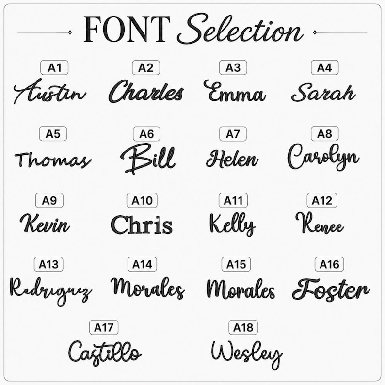 May include: A font selection chart featuring the header FONT Selection and eighteen distinct black script and serif typography styles labeled A1 through A18. Each label displays a sample name such as Austin, Charles, Emma, Sarah, Thomas, Bill, Helen, Carolyn, Kevin, Chris, Kelly, Renee, Rodriguez, Morales, Foster, Castillo, and Wesley.