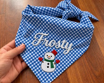 Custom Christmas Pet Bandana with Name, Embroidered Gingham Dog Scarf, Personalized Holiday Dog Accessory, Pet Christmas Gift