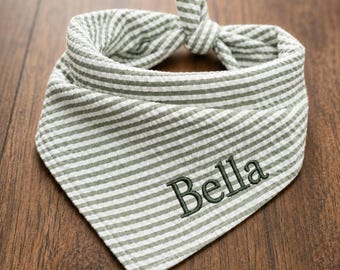 Custom Dog Bandana Embroidered | Personalized Pet Bandana with Name | Seersucker Striped Dog Scarf | Custom Puppy Gift | Cat Bandana Tie On