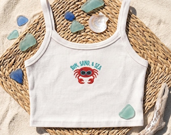 Sun Sand Sea Embroidered Square Neck Crop Tank Top, Cute Crab Ribbed Cami, Y2K Summer Beach Crop Top, Ocean Beach Vacation Gift for Her