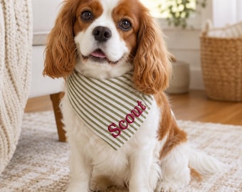 Personalized Dog Bandana with Name, Embroidered Seersucker Tie-On Pet Scarf, Puppy Gift