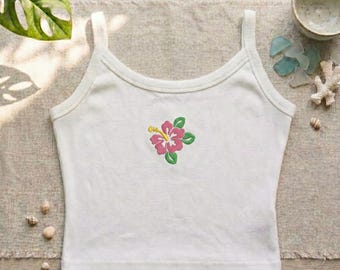 Hibiscus Embroidered Square Neck Crop Tank Top, Cute Tropical Floral Ribbed Cami, Y2K Summer Beach Crop Top, Minimalist Fitted Knit Tank