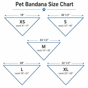 May include: A Pet Bandana Size Chart featuring five triangular outlines labeled XS, S, M, L, and XL. Each size includes specific width measurements in inches and corresponding neck circumference ranges from 9 to 25 inches for pet sizing.