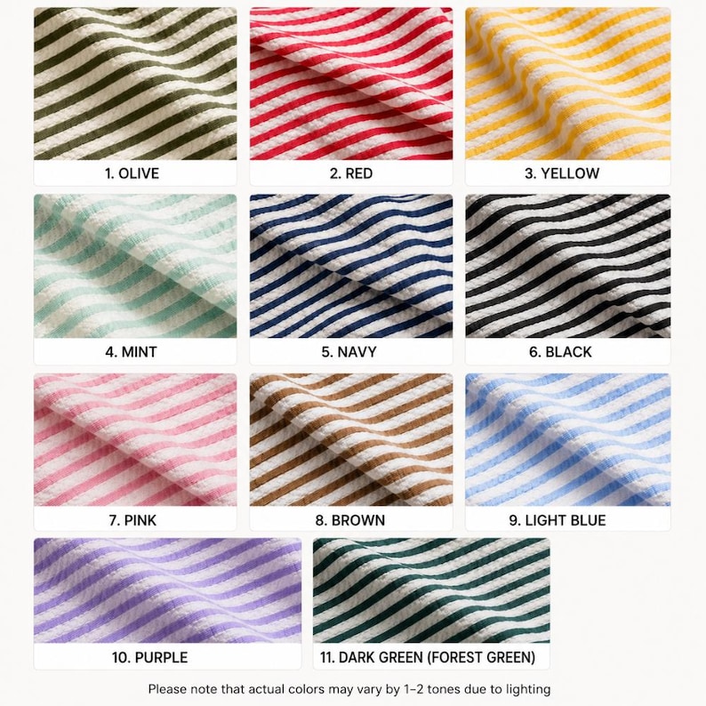 May include: A collection of eleven fabric swatches featuring a seersucker texture with alternating white and colored stripes. The colors include olive, red, yellow, mint, navy, black, pink, brown, light blue, purple, and dark forest green.