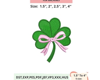 Shamrock Bow Embroidery Design | Cute Clover With Pink Ribbon | St Patrick Machine Embroidery File