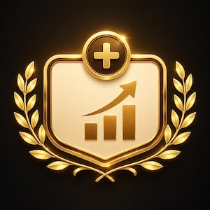 May include: A gold-colored emblem with a white center, featuring a rising bar graph and an upward-pointing arrow. A gold cross is at the top, and the emblem is surrounded by a gold laurel wreath. The background is black.