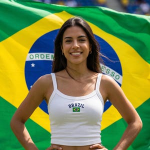 May include: A woman wearing a white tank top with the word "BRAZIL" and a small Brazilian flag emblem. The background features a large Brazilian flag with the words "ORDEM E PROGRESSO".