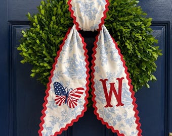 4th of July Patriotic Wreath Sash, Personalized Embroidered Butterfly Monogram Bow, Memorial Day Front Door Decor, Custom Name Sash Gift